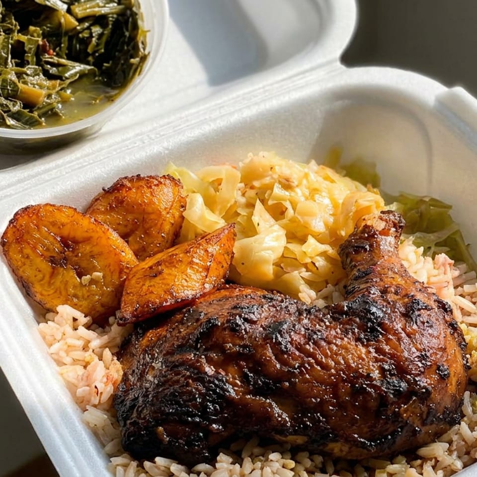Takeout container with jerk chicken, rice and peas, fried plantains, cabbage, and leafy greens held in sunlight.