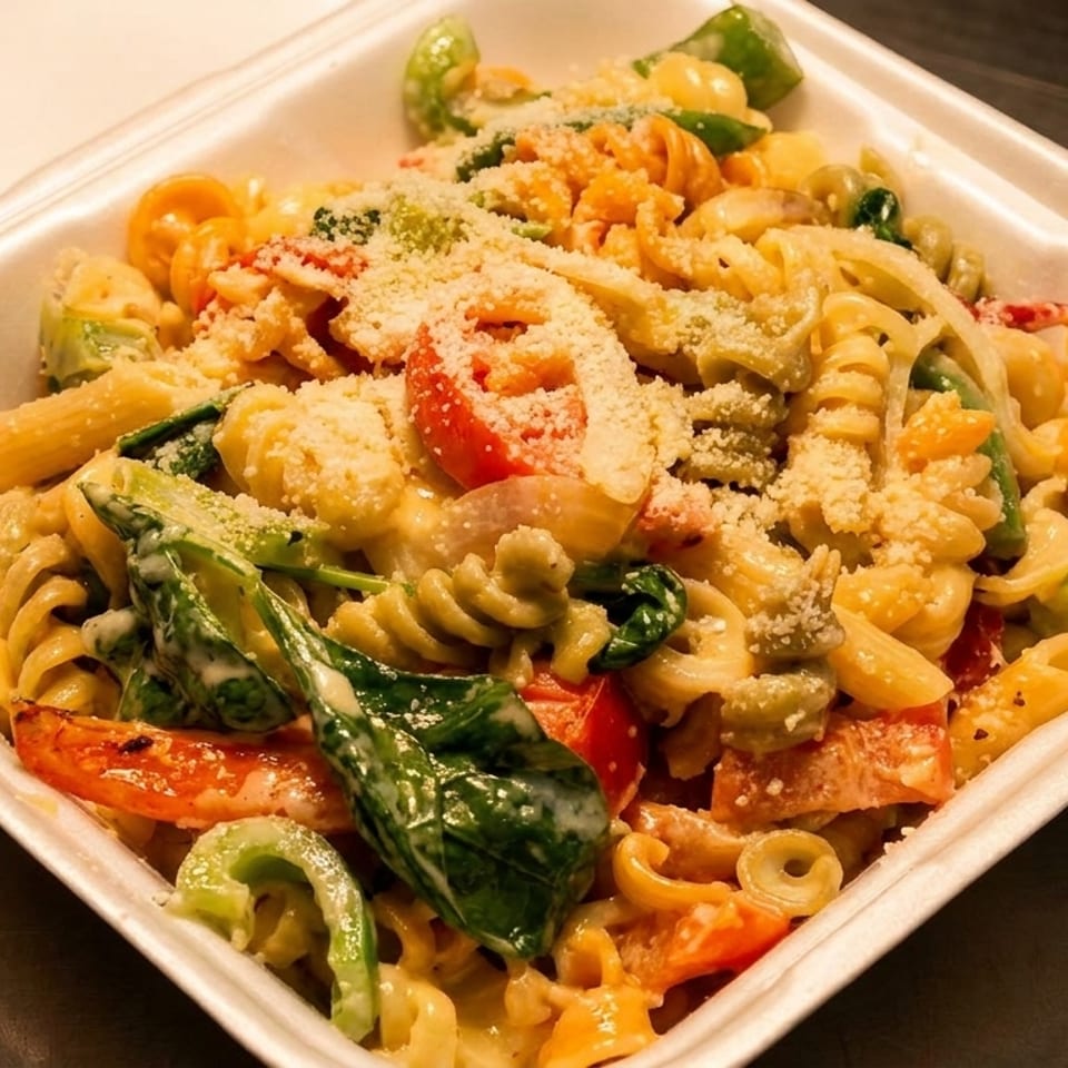 Takeout container filled with creamy mixed pasta, spinach, peppers, tomatoes, and grated Parmesan cheese.