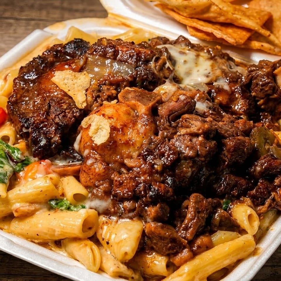 Takeout container filled with saucy pasta, grilled meats, vegetables, melted cheese, and tortilla chips on a wooden table.
