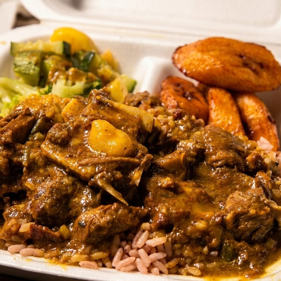 Takeout plate of braised meat in savory sauce over rice, with fried plantains and sautéed vegetables.