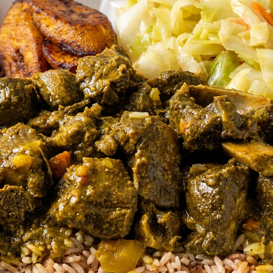 Takeout container filled with curry-coated meat, seasoned rice, grilled plantains, and cabbage slaw.